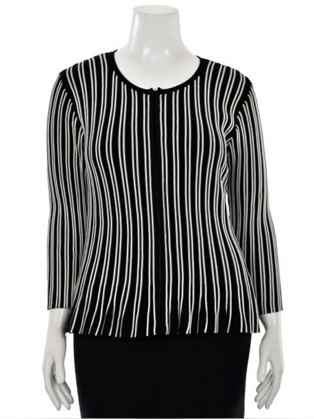 St. John Caviar Bianco Striped Ribbed Knit Zip Cardigan Flared Hem L